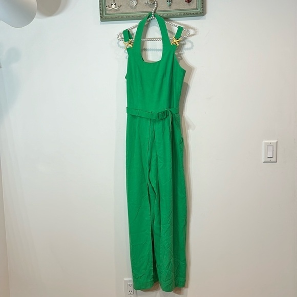 Vintage 90s CACHE wide leg jumpsuit halter gold X romper women’s size 8 green - Picture 2 of 10
